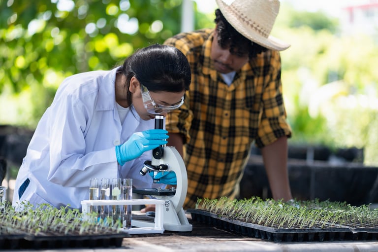Scientist examining plants on an organic farm while holding research equipment
