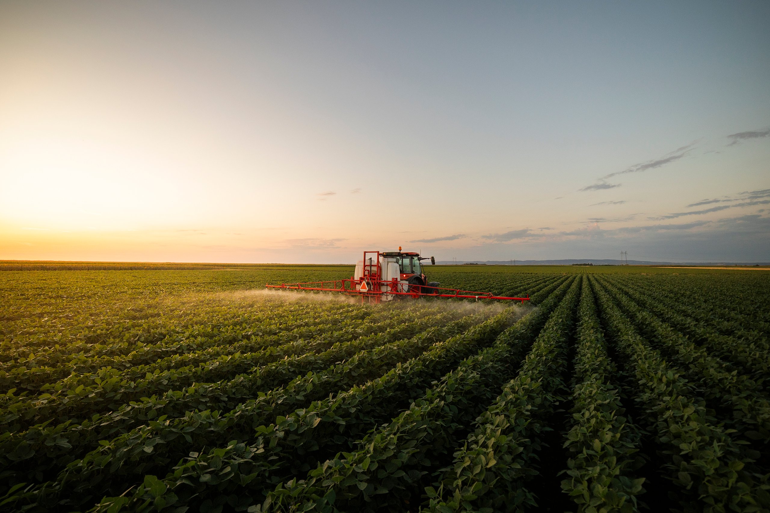 Tractor spraying crops at sunset