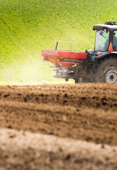 Tractor spreading artificial fertilizers. Transport, agricultural.