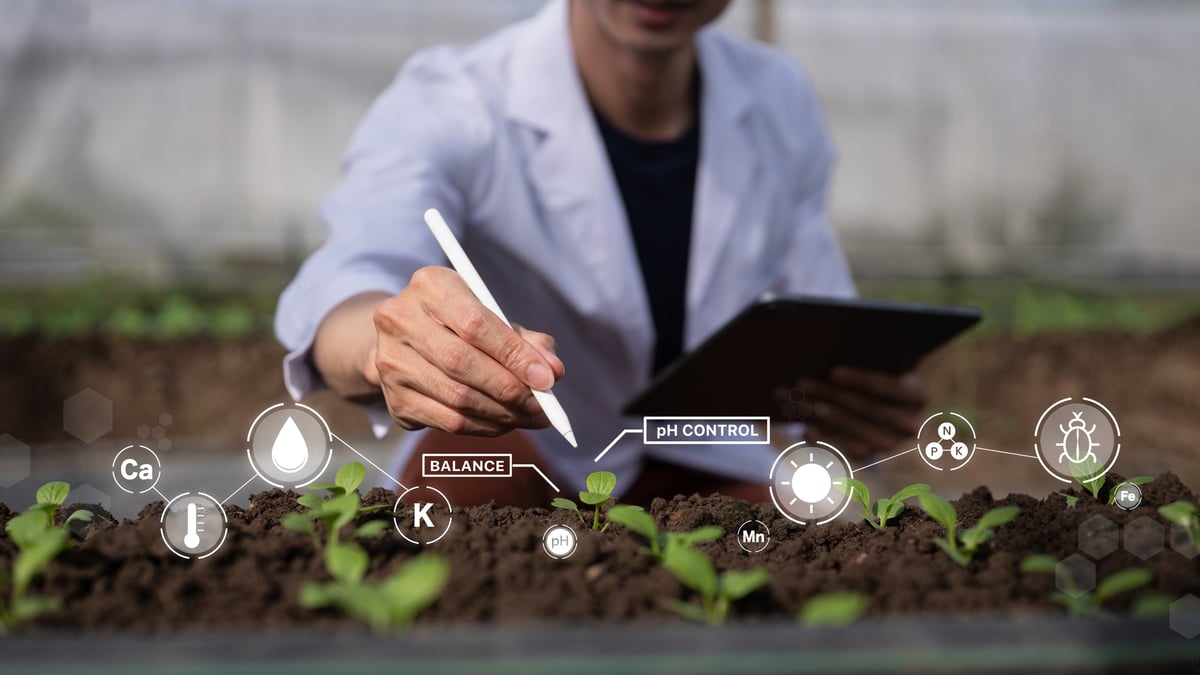 Agricultural scientist monitoring seedling growth with tablet and digital soil data.