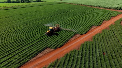 Aerial view of tractor spraying crops