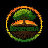 Regenera logo featuring a tree with green foliage, orange sunset, and root system within a circular gradient border