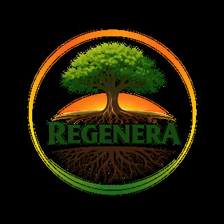 Regenera logo featuring a tree with green foliage, orange sunset, and root system within a circular gradient border