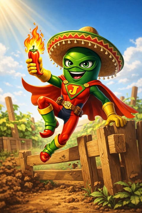 Jalapeño Hero green cartoon superhero character with sombrero and torch