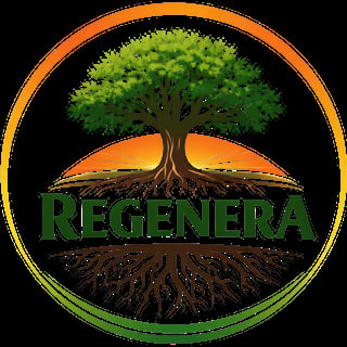 Regenera logo featuring a tree with green canopy and exposed roots within an orange and green circular border